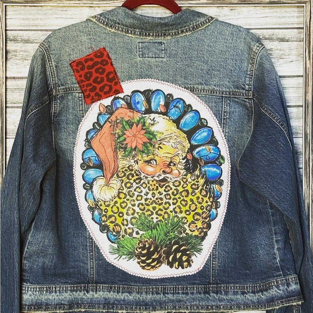 Recycled UpCycled Vintage Santa Christmas Leopard Denim Jacket Gypsy Hippie XL